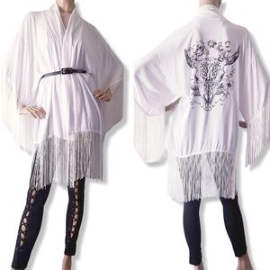 Haute Society White Fringed Trim Skull Horn Print Boho Open Front Kimono